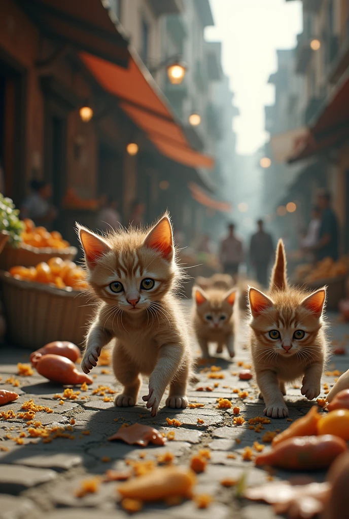 Poor kittens steal food from the market