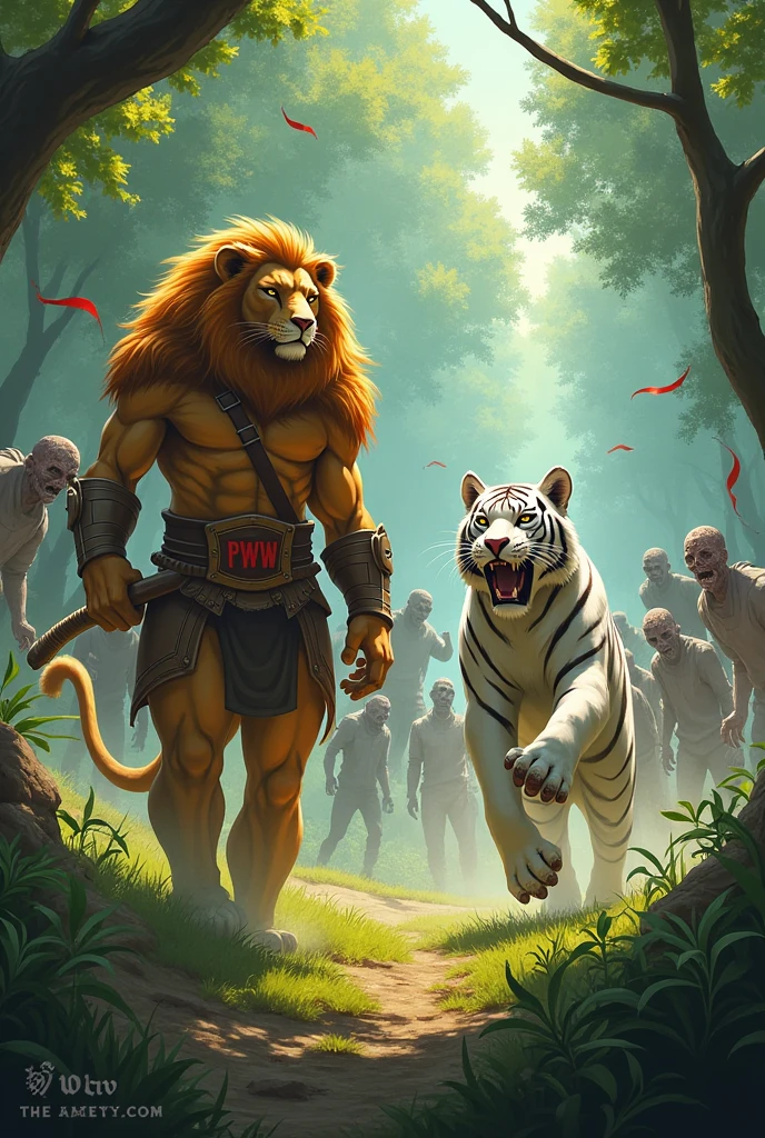 **Description for illustration:**
- **enviroment:** A dense and vibrant forest, with tall trees and thick foliage. The sun's rays filter through the green leaves, Creating patterns of light and shadow on the forest floor.
- **Personagens:**
- **Humanoid lion:** positioned on the left, standing with a dominant posture. His fur is golden, with piercing eyes that convey courage. He wears a belt marked with the acronym "PWW" Na cintura, and wields a sword or improvised weapon, ready to attack.
- **Humanoid white tiger:** On the right, jumping towards the horde. His fur is white as snow, highlighted by black marks. His belt also displays the acronym "PWW". He is positioned in an agile pose, perhaps with claws in front or holding a blade.
- **zombies:** A horde of bloodied human zombies emerges in the background, with expressions of despair and aggression. They must have a grotesque appearance, with bruised bodies and torn clothes.
- **atmosphere:** The scene should exude a sense of action and adrenaline. The dynamic movement of the warriors in combat creates a contrast with the grotesque rigidity of the zombies. small details, like flying leaves or a determined expression on the warriors' faces, can add depth to the image.