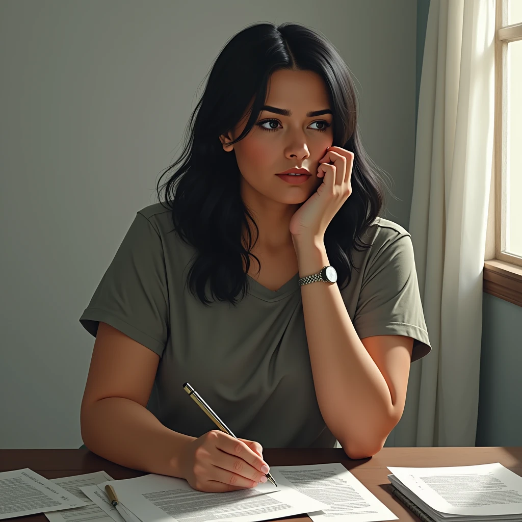 A young Brazilian woman in her 20s with medium, dark straight hair,Caucasian skin, gorda,stark,wearing black twill pants and a t-shirt. She is sitting in front of several papers and Jesus is sitting next to her..