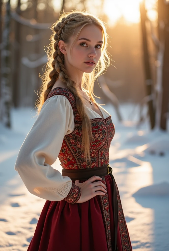 Traditional Russian women's clothing, Hands on hips, Outdoor, snow, beautiful sun rays, blonde, young, Braiding, Large Breasts, No makeup, beautiful, snow, Side view, Looking at the audience