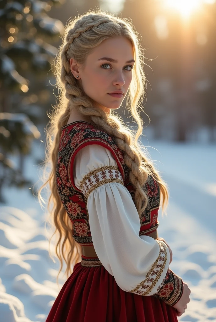 Traditional Russian women's clothing, Hands on hips, Outdoor, snow, beautiful sun rays, blonde, young, Braiding, Large Breasts, No makeup, beautiful, snow, Side view, Looking at the audience