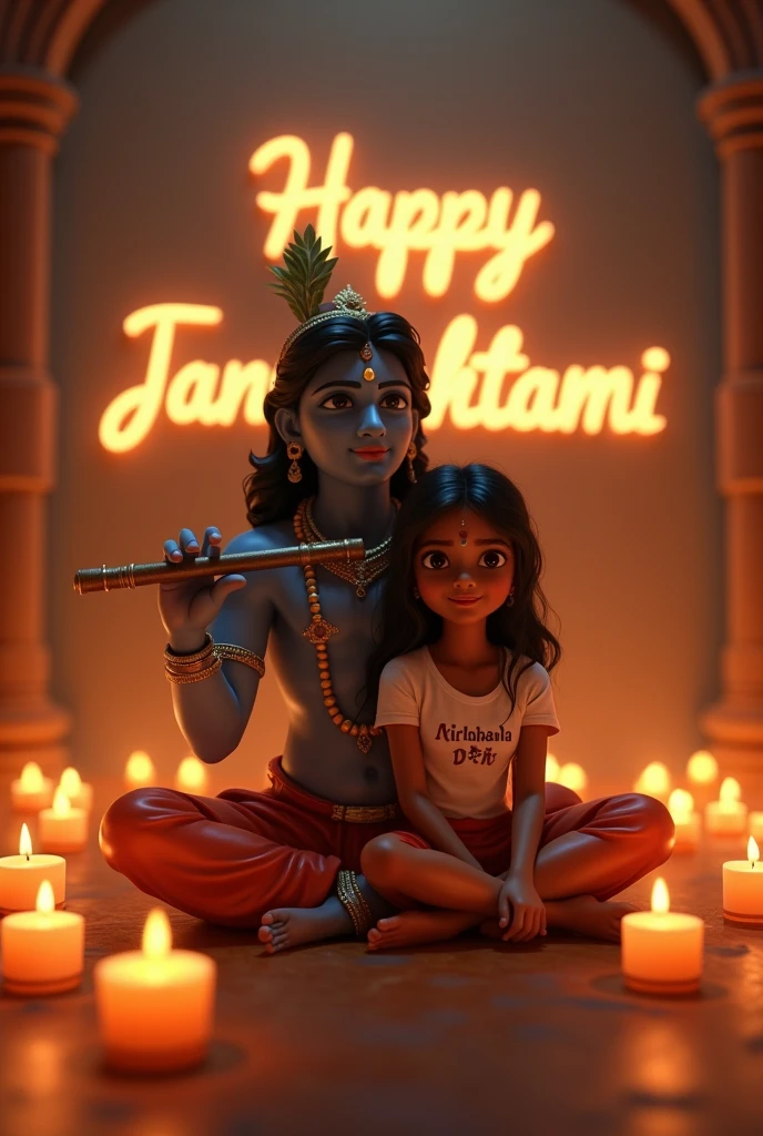 real 1 indian girl named ‘avni' sitting with Lord Krishna in a softly lit room, filled with candles. avni is barefoot, wearing a modern t-shirt with his name ‘avni’ written on it. Lord Krishna is holding his flute, and in the background, the words ‘Happy Janmashtami’ glow warmly, creating a peaceful and divine ambiance.”