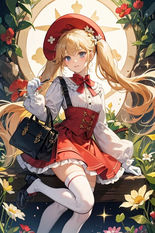 Klee's blond hair is tied in pigtails, bigger than that of hers from the Shooting Spark outfit. She wears a red witch hat with white linings, a white blouse with buttons, a red ruffled dress with girdles, white knee-high socks along with 3 small red bows on the sides, black gloves, and Mary Jane shoes with also small gold flower with four petals attached,the Ribbons and clover decorations are embellished throughout. She also wears a large leather bag. SPARKLE; GLITTER