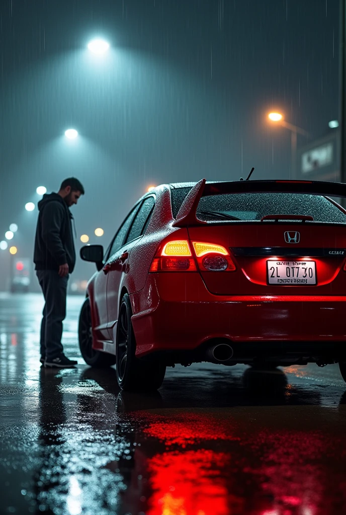 A red 2008 Civic Si with spoiler on a rainy night touching a man next to the car