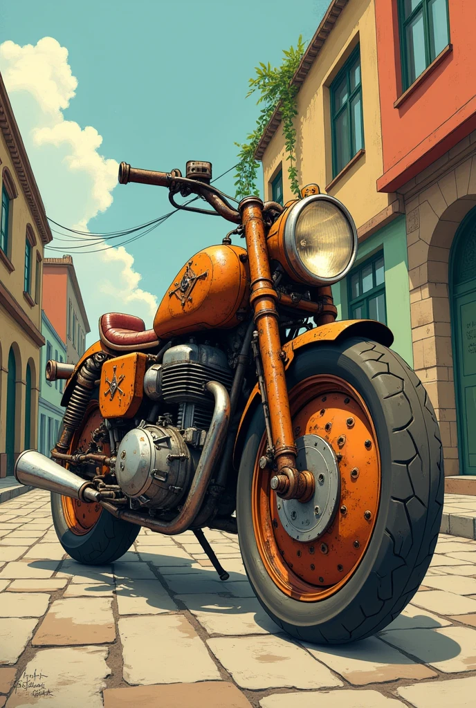 Motorcycle casts with rusty scrap metal and worn wheels in 2D Ghibli style In the pabimento