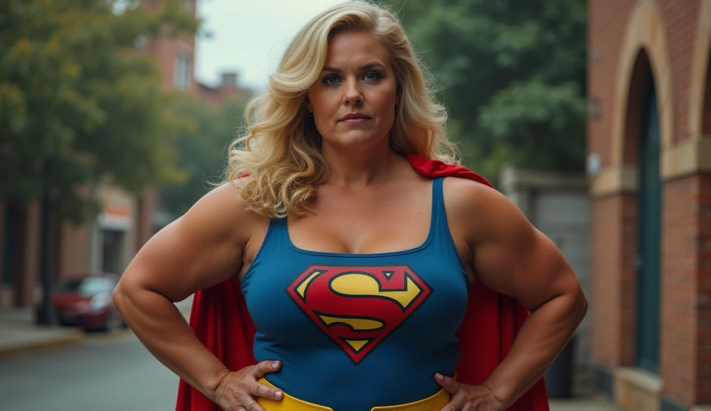 superstrong old  Supergirl Jean Smart Supergirl((1980s Supermen costume);strong arms; incredible woman; .  HD. Photograph, ((realism)), extremely high quality RAW photograph, ultra detailed photograph, sharp focus, high resolution, (detailed skin:1,3),high quality, film grain, Fujifilm XT3,Highly Detailed, movie, (Cinematic Photo:1.3) of (Realistic:1.3), by John Byrne/Jerry Ordway