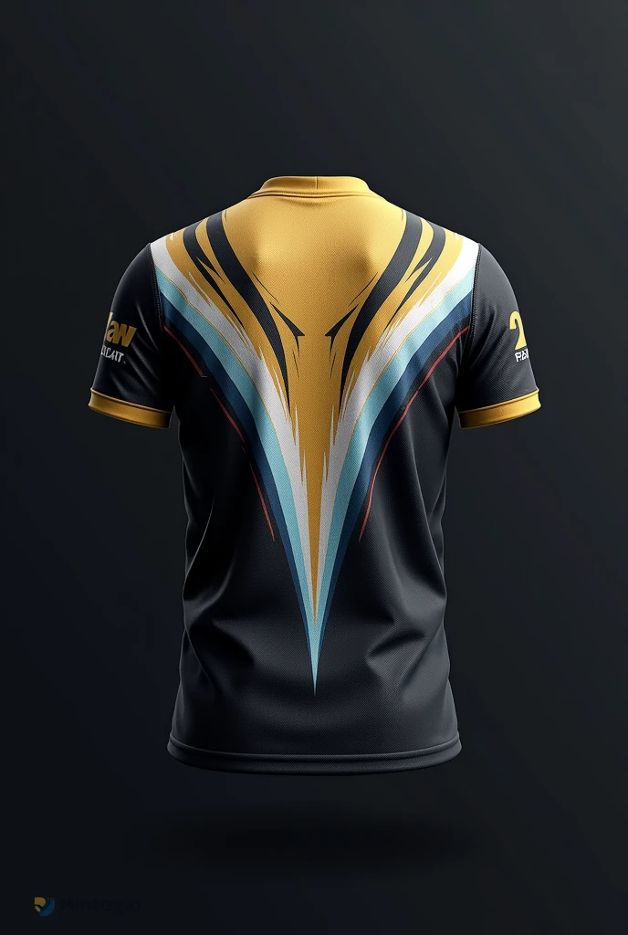 Shirt with a black background with gold and white rays combined with pastel blue rays, shirt for an Olympic team with a name on the back that says Dilan, Thor theme 


