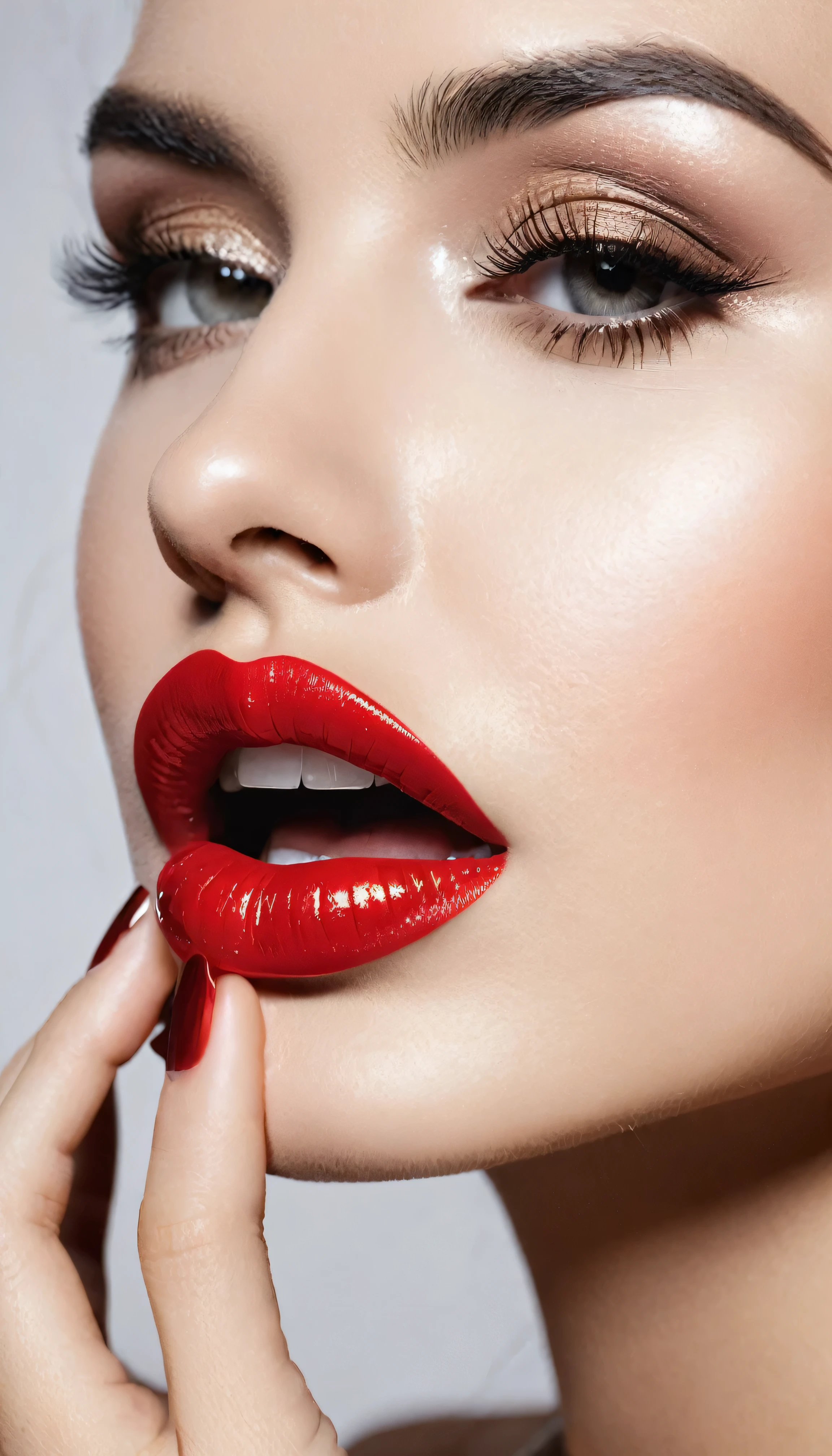 Woman kissing her ear , whispering , Glossy lips , sexy lips , face all lock
