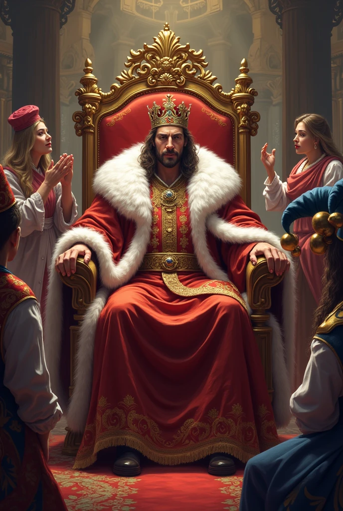 king on his throne and court jester clowning around