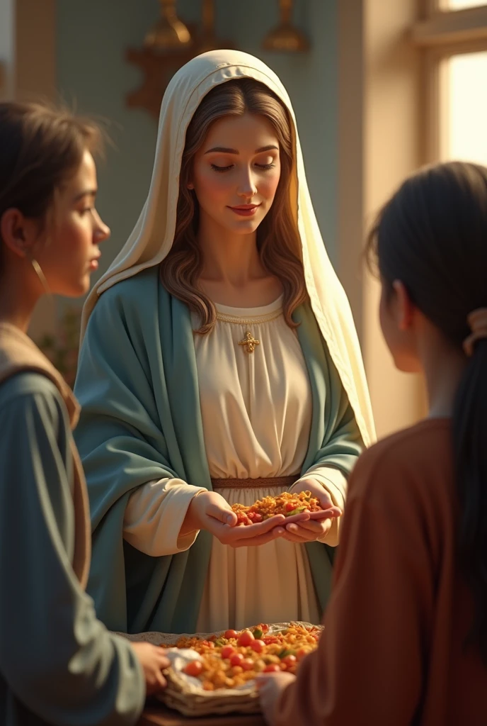 

CCreate a high-definition image of Our Lady engaged in an act of service and altruism. Show it by helping others, perhaps distributing food or offering support to someone in need. The scene should capture the essence of kindness and service, with Our Lady demonstrating generosity and care. The environment should be welcoming and full of elements that highlight the importance of service to others.."