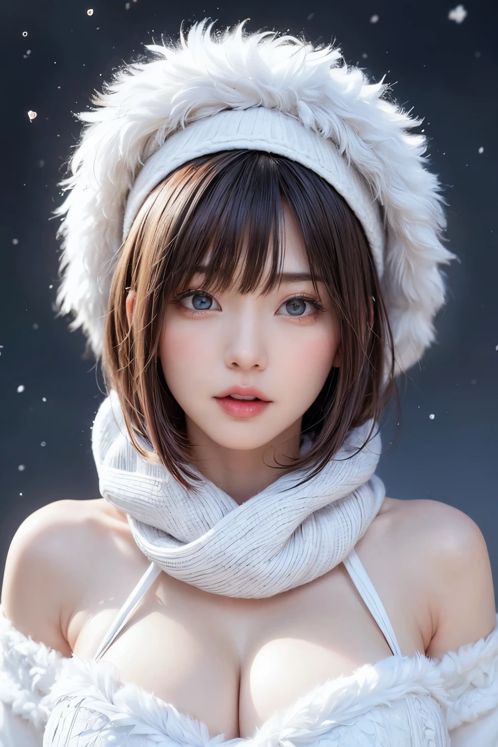 (masterpiece, Highest quality),One Girl, solo, Black-haired, scarf, hat, Realistic, Realistic, Looking at the audience, Light-coloured black eyes, Short brunette bob hair, Brown coat, Winter clothes, White headscarf, Lips, Bans, Plein Air, Mouth closed, Upper body、Big eyes、Eyelashes、((Beautiful landscape with sparkling snow、Large snowflake motif、Beautiful snowy landscape background with no people around))、(((Short bob hair with bangs、Shiny Hair、Big eyes、large full chest、Intensely accentuates the eyes、Staring at the audience、Beautiful beauty、Listen carefully、Long neck、Smile a little、Please close your mouth and laugh、Ideal body proportions)))、{huge|big|hugeな|Mega} chest:2, chestの谷間:2、