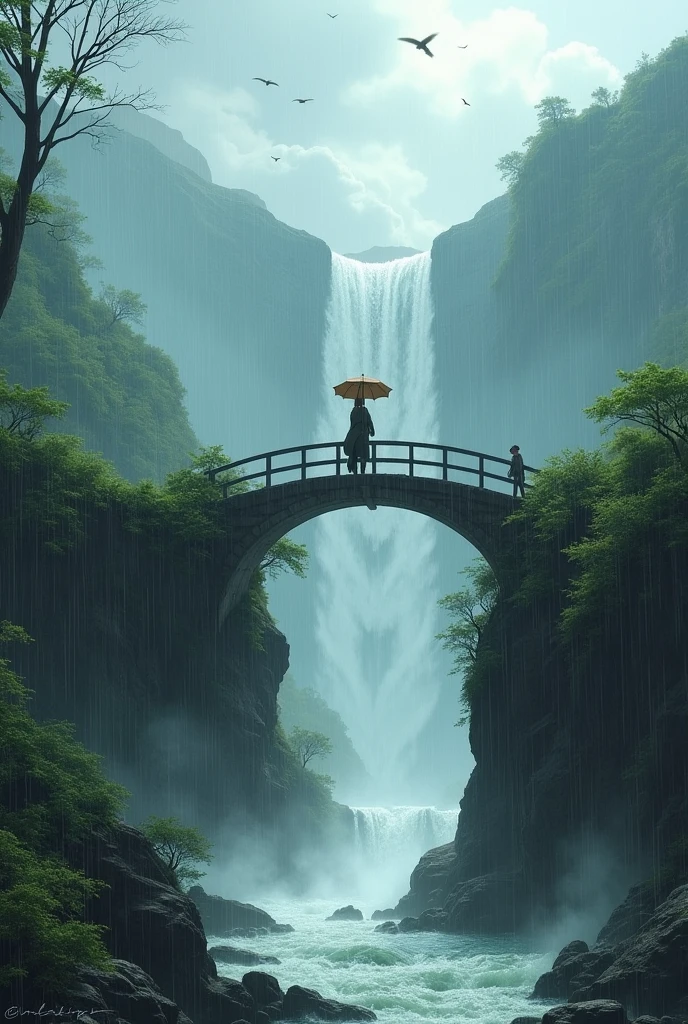 Create an image of a bridge and a waterfall with rain and a little cloudy and a person on the bridge with an umbrella 