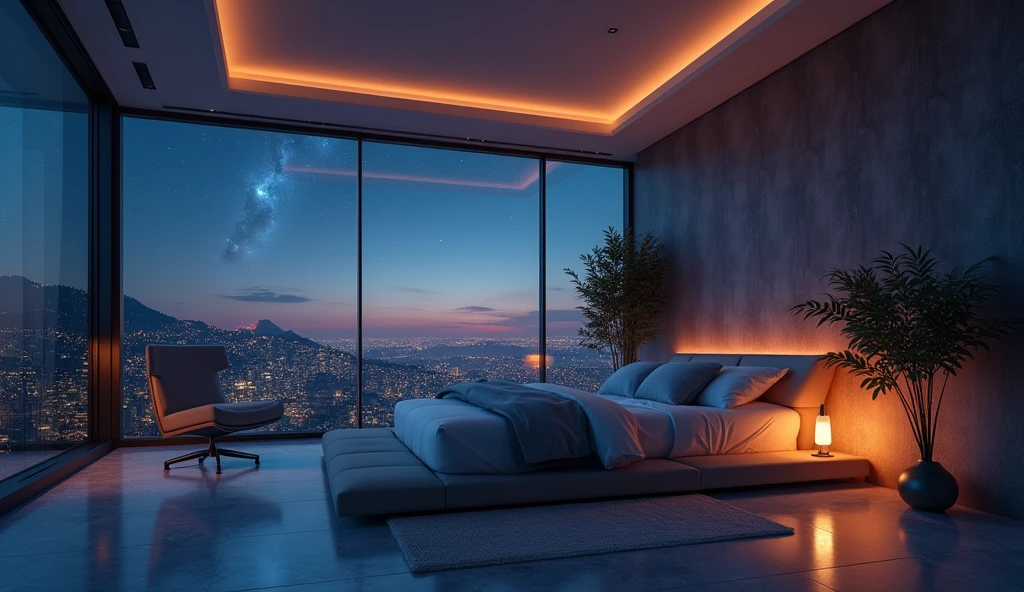 beautifulなベッドルーム、Near future、1bed for people、Window with a night view、Dimly lit room、Live-action-like images、High quality、Super Real、Night image、beautiful、Highest quality、