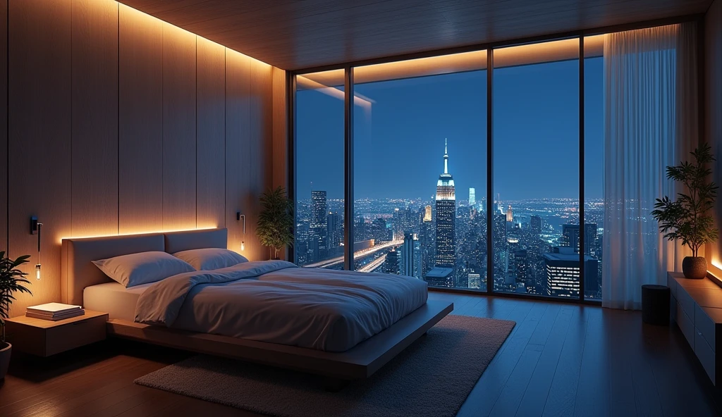 beautifulなベッドルーム、Near future、1bed for people、Window with a night view、Dimly lit room、Live-action-like images、High quality、Super Real、Night image、beautiful、Highest quality、