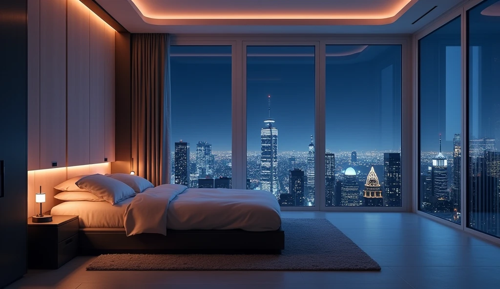 beautifulなベッドルーム、Near future、1bed for people、Window with a night view、Dimly lit room、Live-action-like images、High quality、Super Real、Night image、beautiful、Highest quality、