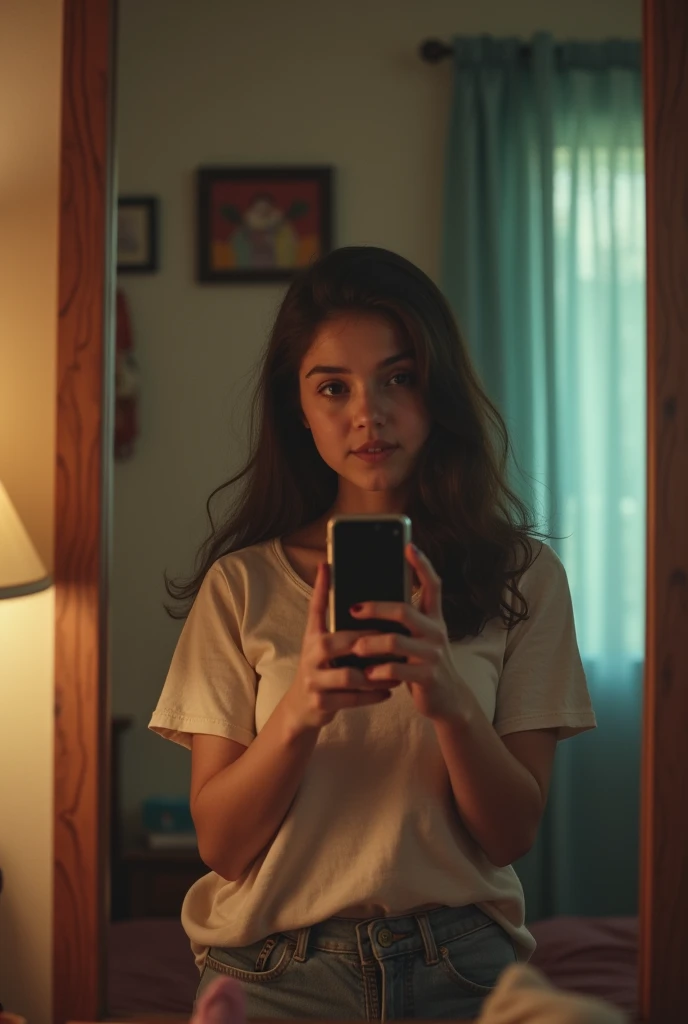Generate a photo of a 2 Colombian girl and pretend that she took the photo herself in front of a mirror in a woman's room, that has some filter and that holds the cell phone with which the photo was taken, Let the mirror be big and only she can come out