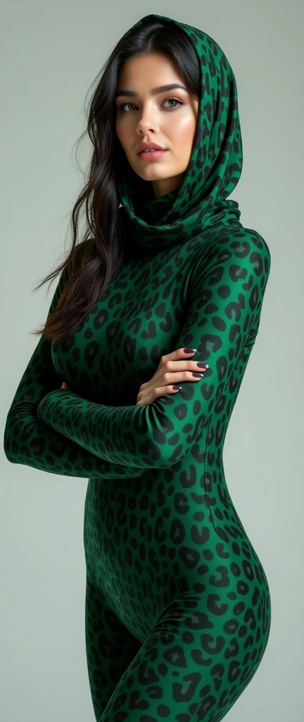 The most beautiful,thin,most pretty and clever Mongolian adult girl wears dark green leopard print lycra turtleneck unitard catsuit covered with many spots.She always wear dark green leopard print lycra dancewear stretchy hijab-like hood covered with many spots.