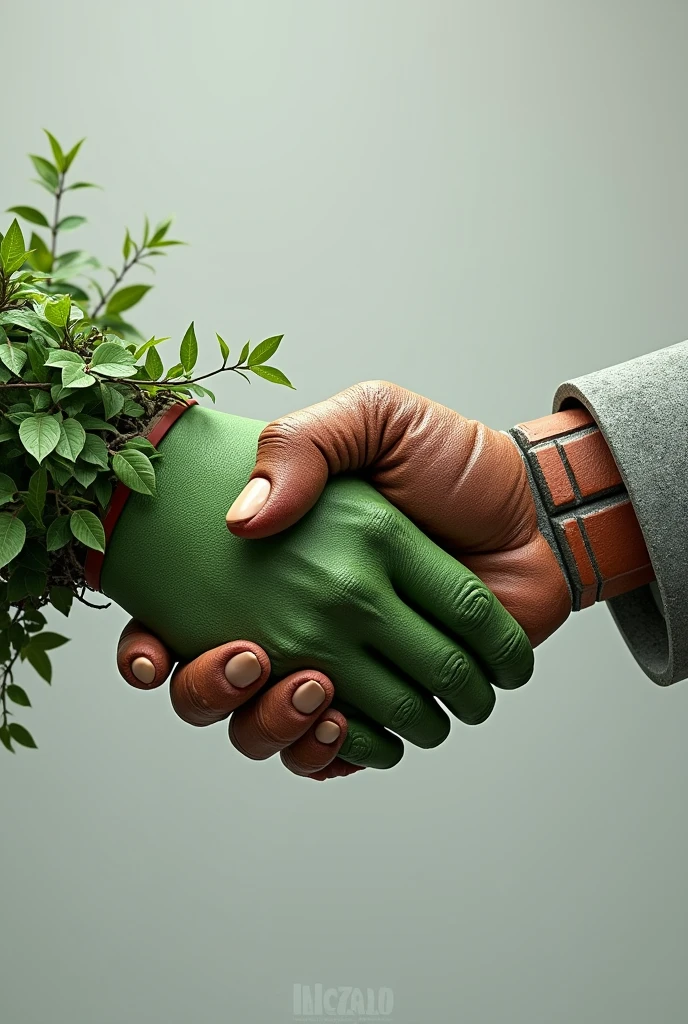 I want a handshake between a green hand with several leaves and branches and another hand made of construction bricks, the fingers as if they were several bricks with plaster, the fingers have to be made of brick too and several lines of concrete, the fingers also have to be made of bricks with concrete stripes.