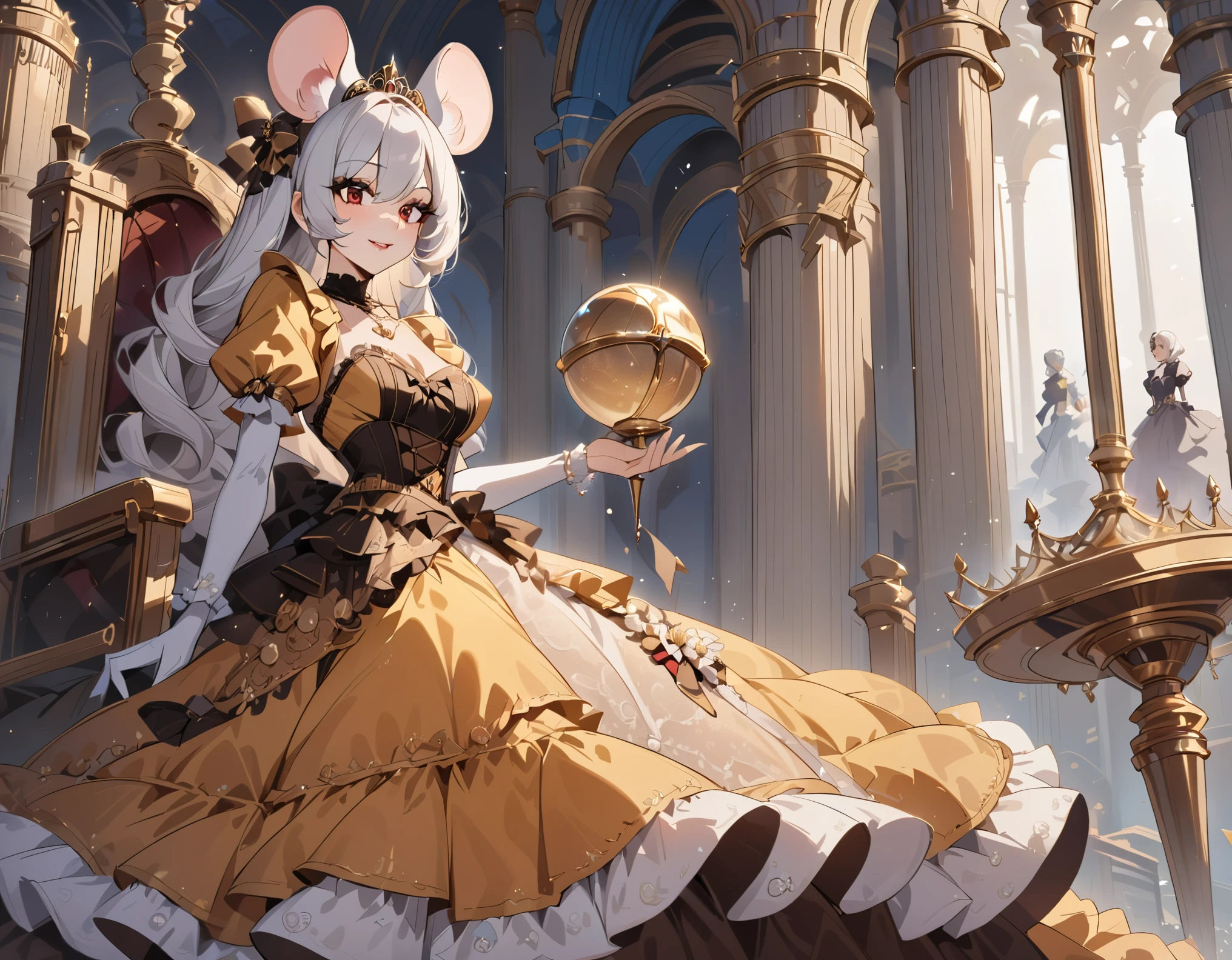 (best quality,4k,8k,highres,masterpiece:1.2), ultra-detailed, Pretty anthropomorphic mouse girl has a princess, drawn in anime style, steampunk, wearing a yellow princess gown with puffy sleeves, steampunk, gorgeous frilly dress design,flowing gown,elaborate lace details,rich textures,contrast stitching,delicate ribbon bows,floral accents, flowers embroidery, full skirt,short sleeves,fitted waistline,flared cuffs,lace-up back,luxurious fabrics,flawless silhouette, long curly white hair and red eyes, white fur, smiling, mouse ears and tail, high heels, white elbow gloves, gold bracelets, tiara made of seashells, red lipstick, eyeshadow, seashell necklace, coronation ritual, sitting elegantly on a throne, she’s holding a royal scepter with left hand, holding a gold sphere with right hand.