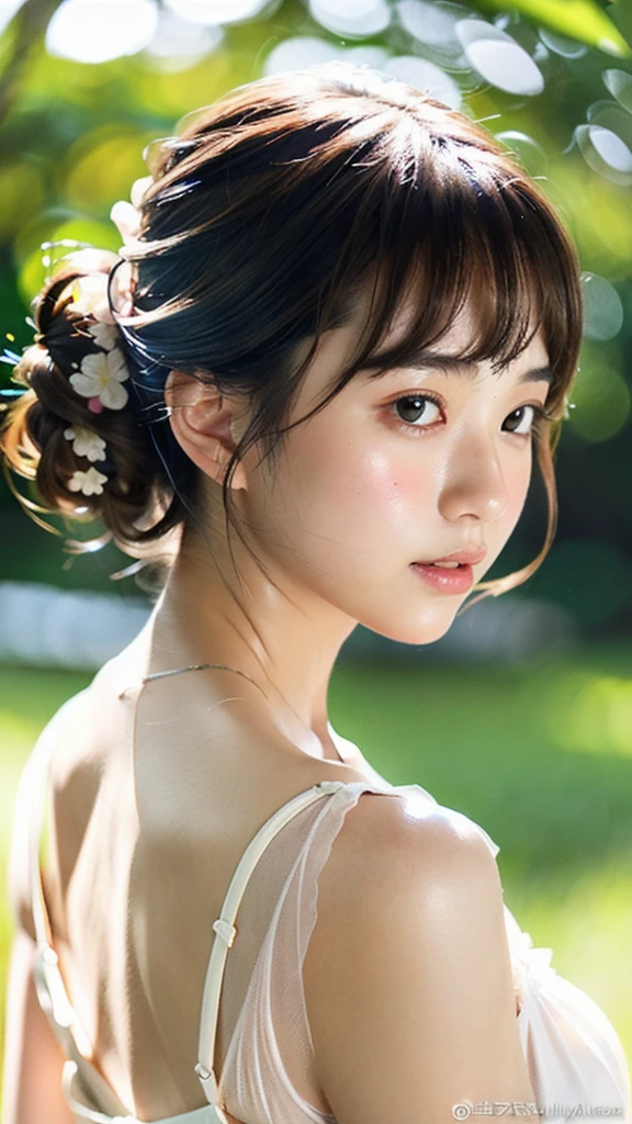 (ultra-detailed CG artwork:1.2), (photorealistic:1.3), (Japanese woman:1.1), A girl, solo, portrait, gentle expression, hairstyle updo, white sundress, park background