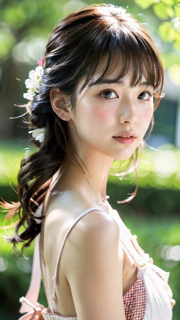 ((of the highest quality, 8K, masutepiece: 1.3, Raw photo)), Sharp Focus: 1.2, (1 AESPA Girl :1.1), Solo, (Realistic, Photorealistic: 1.37), (Face Focus: 1.1), Cute face, hyperdetailed face, short messy hair, Small Smile, slender, from behind, full nude, (Off-the-shoulder chiffon dress: 1.3), (sleeping pose: 1.1), bedroom, on the bed, flower, iris