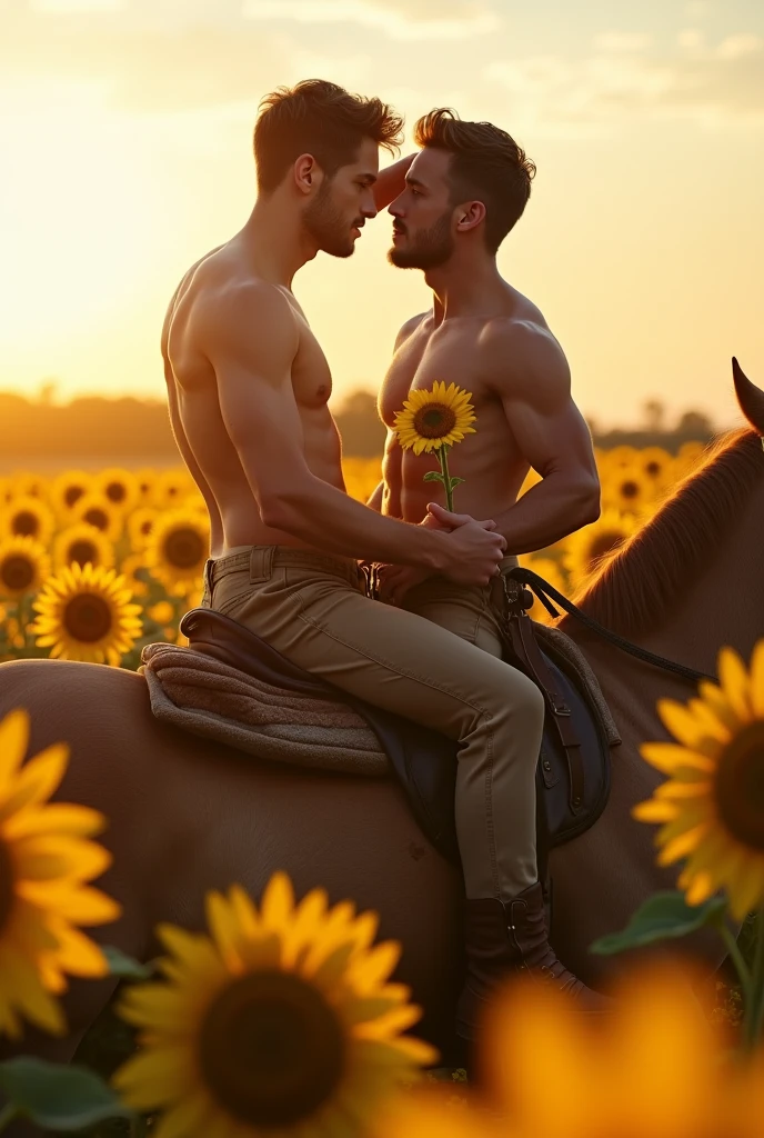 2 young gay men in love handsome beautiful white skin skinny soft skin cowboy with a sunflower in his hand in the sunflower field shirtless on top of a horse wanting to give a surprise by covering his eyes with his hand and then showing him the sunflower field