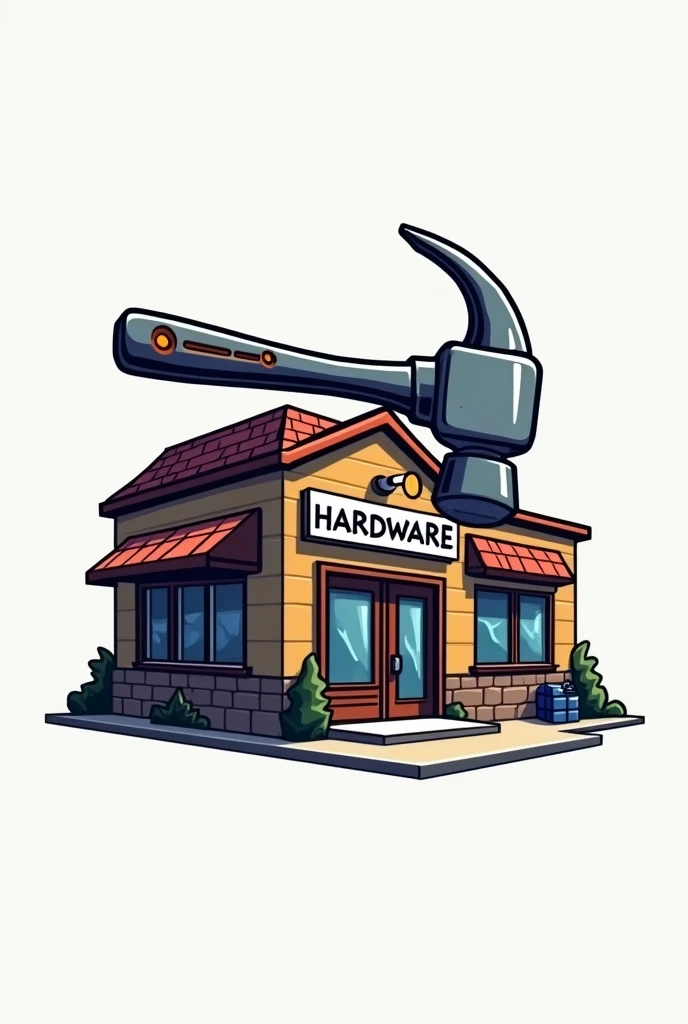 A fictional hardware store logo featuring the hardware store and a hammer fixing it