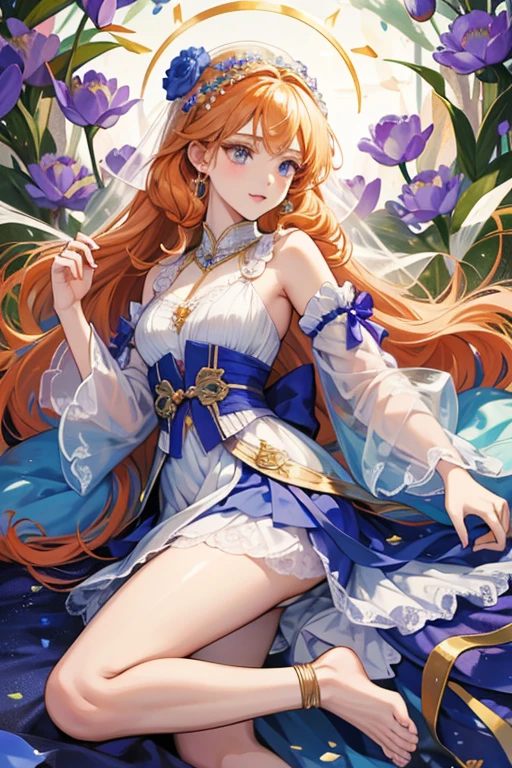 Nilou's orange hair is tied at the back into twin curls. She sports a white veil with a gold laurel wreath and a heart-shaped tassel, with lavender flowers and other ornaments that adorn her head in various spots.

Nilou's attire is mostly white, blue, and lavender, adorned with flowers and with various butterfly-shaped designs. She has detached sleeves tied by ribbons at her shoulders and wrists, a top adorned with various blue gems in the front and back, and a skirt that resembles flower petals. A trinket which has a lotus flower shape surrounds her right thigh, while white leg garments go from her mid-shin to her ankle, which are connected to toe rings around her second toes; she is otherwise barefoot. Ribbons cover various parts of her outfit and are attached to various ornaments, including a bow that holds her Hydro Vision. SPARKLE; GLITTER