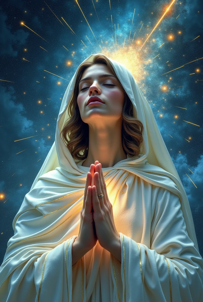 (masterpiece, Highest quality, Highest quality, Official Art, Beauty and aesthetics: 1.2), (1 person), Extremely detailed, (Fractal Art: 1.3), colorful, Supreme detail, Perfect Face, Upper Body, High resolution, prayer, (White cloak, golden lines: 1.2), Starry Sky, shooting star, Light stripes, Surrealism.