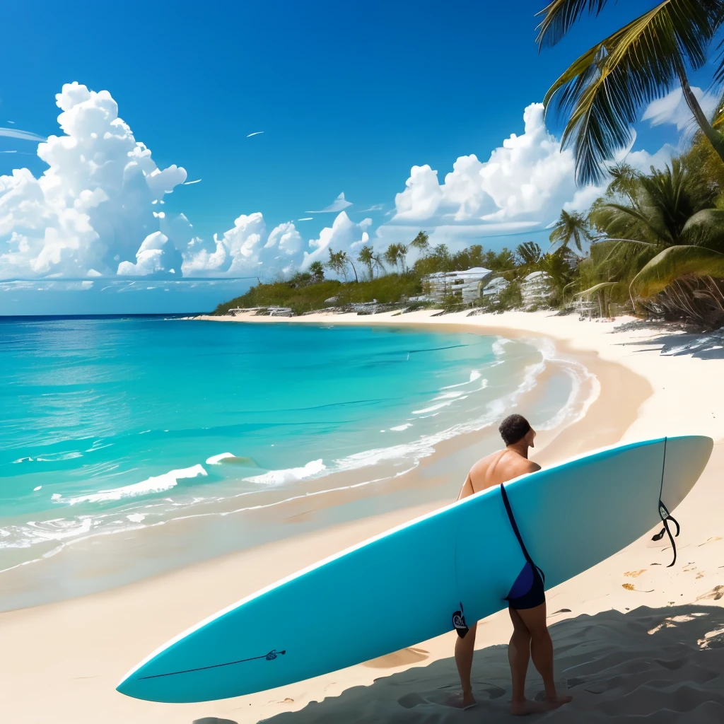 the beach with a surfboard, a photo by Tom Wänerstrand, pexels, fine art, carribean turquoise water, blue waters, turquoise water, turquoise ocean, the ocean in the background, a photo of the ocean, azure blue water, ocean in the background, varadero beach, clear blue water, shades of blue