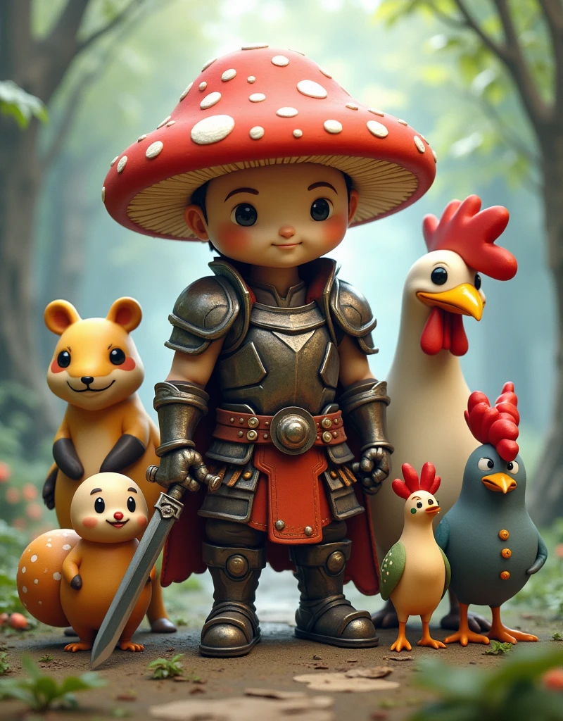 A mushroom swordsman dressed in armor is standing alongside his companions: a robotic dragon, a chubby slime warrior, a snail that resembles a dessert, a panda bear, and a rooster who is also a fighter. All of them are standing together in a whimsical fantasy setting, ready for their next adventure