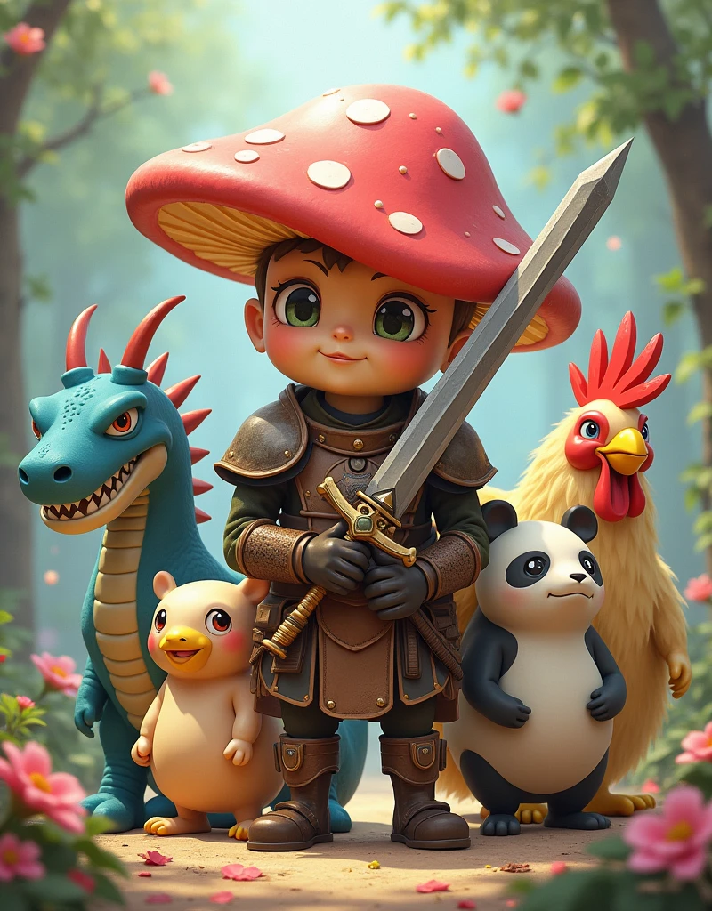 A mushroom swordsman dressed in armor is standing alongside his companions: a robotic dragon, a chubby slime warrior, a snail that resembles a dessert, a panda bear, and a rooster who is also a fighter. All of them are standing together in a whimsical fantasy setting, ready for their next adventure