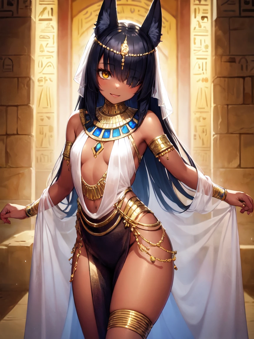 (SLE, mksks style, detailed background:1.1), (solo:1.3), girl, dark skin, ornate egyptian dress, long hair, black hair, beautiful hair, hair over eye, yellow_eyes, voluptuous body, happy, portait, head tilt, volumetric lighting, (outdoor:1.3), egyptian house, colorful, flat chest, nice hips, female anubis, egyptian clothes, egyptian mythology, see-through (white silk), , lewd outfit, young, (young girl), child, (very young girl), ,