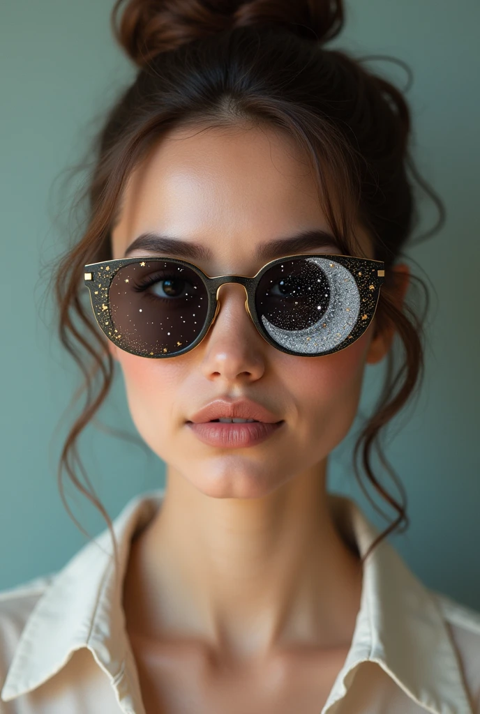 The model is wearing glass sunglasses with stars and the moon on the glass