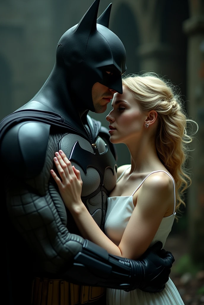 Young Batman, with a young woman, blonde in white dress, hugging him by the arm, closeup, romance horror style photo