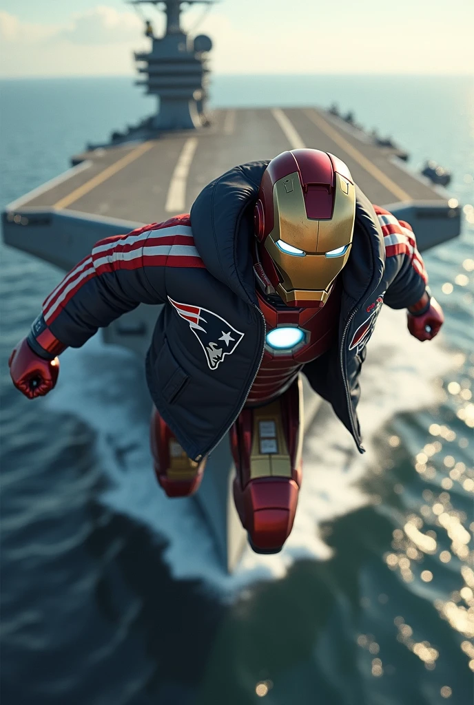 (photorealism:1.2), Ironman flying with open front helmet, wearing a New England Patriots jacket with an aircraft carrier in the background
