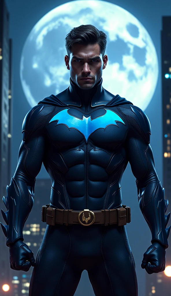 a nightwing superhero in a city night scene, detailed portrait of nightwing, detailed face, detailed costume, nightwing standing in front of a full moon, city skyline background, high quality cinematic lighting, dramatic shadows, (best quality,8k,highres,masterpiece:1.2),ultra-detailed,(realistic,photorealistic,photo-realistic:1.37),concept art,greg rutkowski,chris moore,artgerm style,cinematic lighting,dramatic shadows,vibrant colors,detailed textures