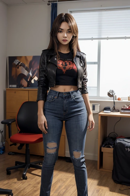 1 female, brown long messy anime hair, huge breast, thick legs, brown eyes, thick eyebrows, black jacket, red t-shirt, jeans, studio room, guitar
