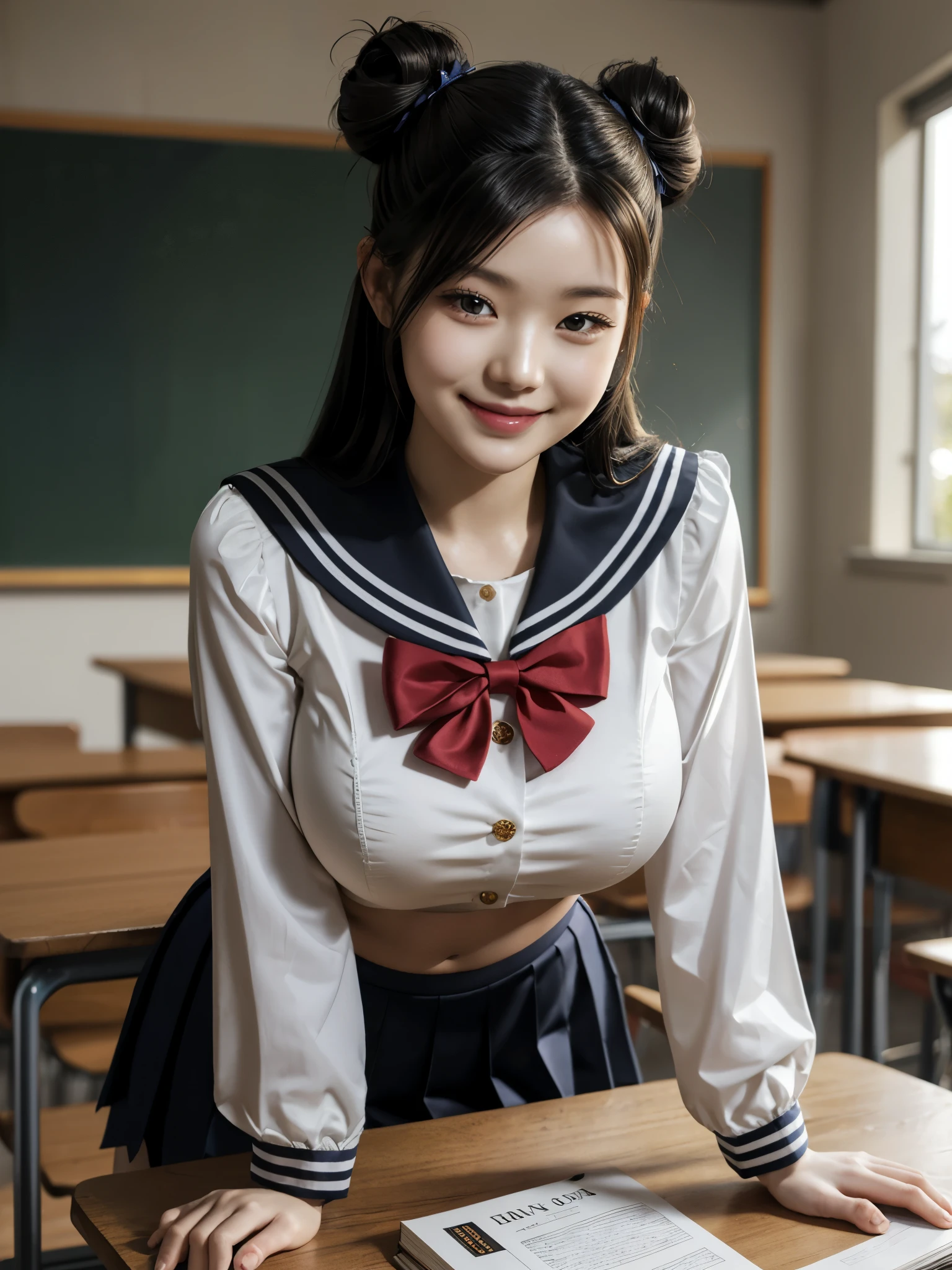 girl, standing leaning forward, sailor collar, bow details, long sleeve cropped blouse, gigantic breasts, very long hair, twin hair buns, detailed face, looking at viewer, smile, navel, pleated mini kirt sitting, table, book on table, classroom, black hair, photorealistic, high bloom effect, diffused light, overexposed edges,