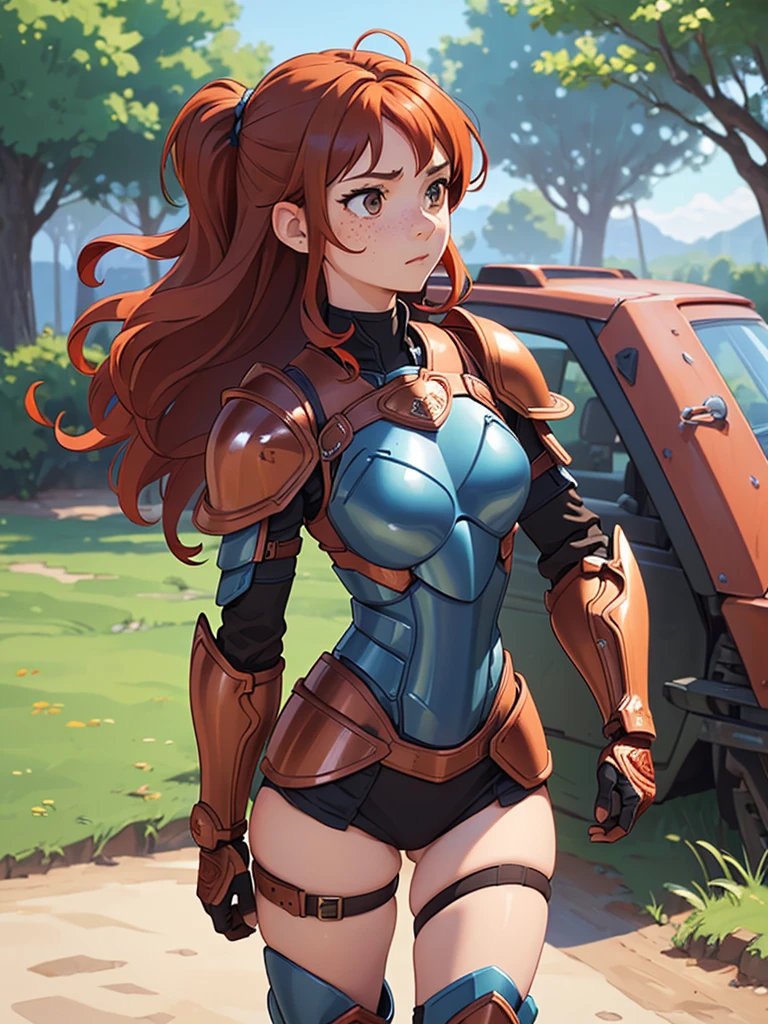 (masterpiece), (best quality), ((one girl)),(( red copper hair)),(brown eyes),short hair, curly hair, anime style, freckles, (small breast), (petite figure), legs,(blue armor) (full body armor),(full leg armor),(almond eyes) ,( tan skin)