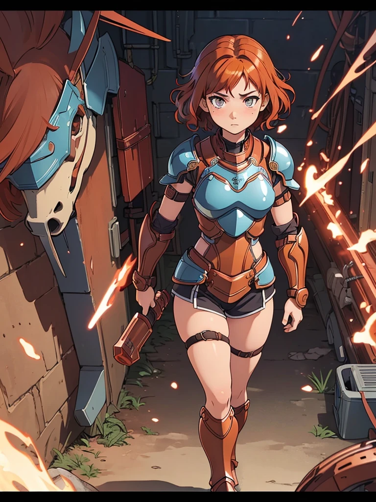 (masterpiece), (best quality), ((one girl)),(( red copper hair)),(brown eyes),short hair, curly hair, anime style, freckles, (small breast), (petite figure), legs,(blue armor) (full body armor),(full leg armor),(almond eyes) ,( tan skin)