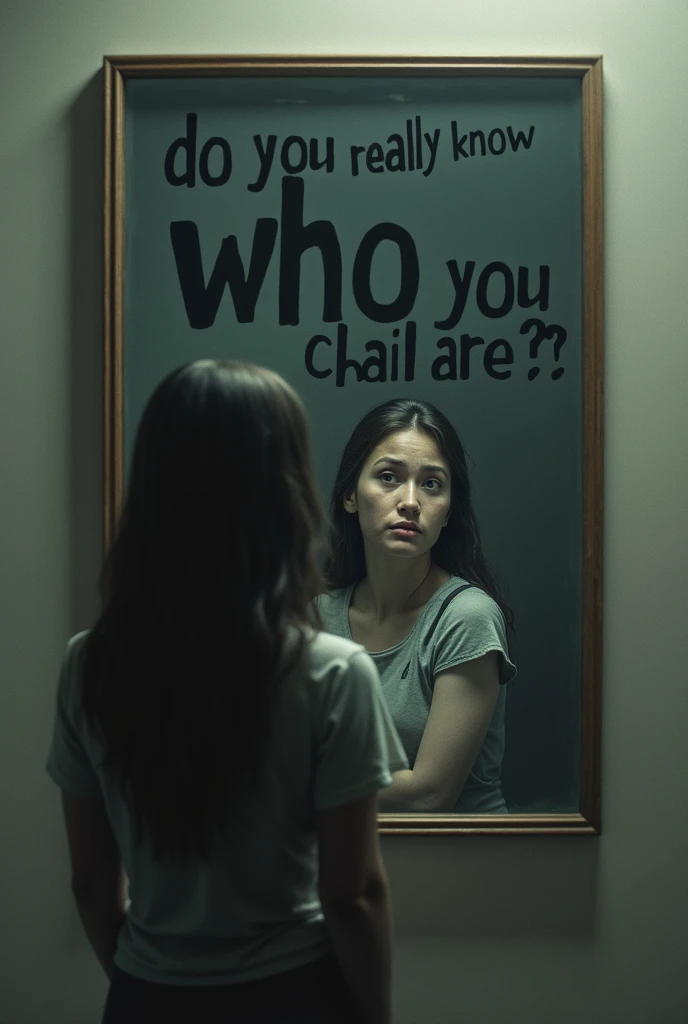 Image of a mirror with the phrase "Do you really know who you are??" and someone looking at him with a doubtful face.