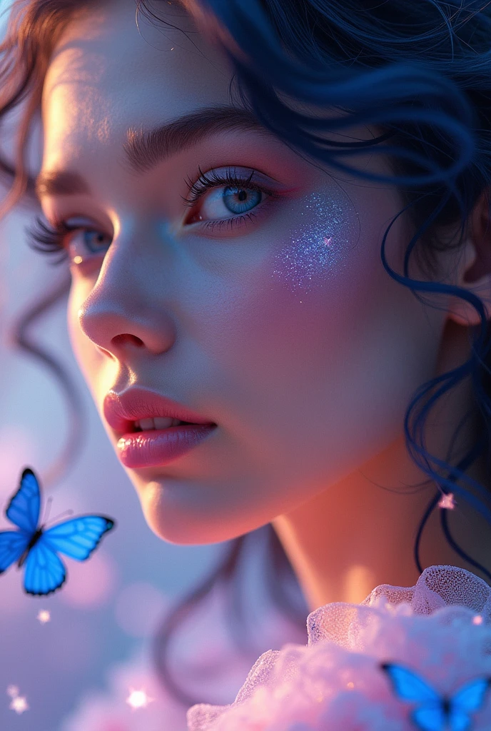 Close-up of a best masterpiece, HD photography, INTENSE SAPPHIRE SKY BLUE EYES only the face of a beautiful Russian woman like Aphrodite, with black hair in waves and sapphire blue eyes as clear as the sky, SAPPHIRE BLUE EYES HIGHLIGHT, Stars of colors in her eyes, with purple and pink glitter on her face, Looking forward in profile, only her face can be seen, In the background a beautiful place with pink sparkles and blue butterflies, the glow of daylight, A radiant shine, LEAVE LET YOUR EYES BE THE THING THAT STANDS OUT THE MOST AND THE ONLY THING THE IMAGE FOCUSES ON with diamond skin and hair part shining to symbolize brilliance. with diamond, mirando de lado de perfil