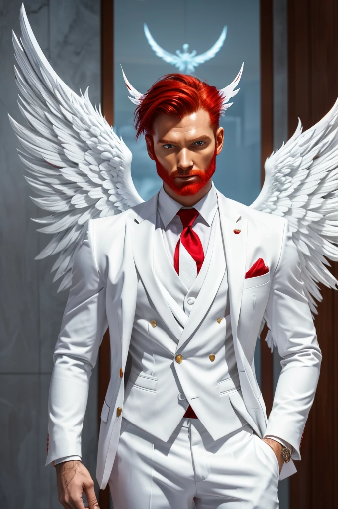 Hornless demon man, red skin, friendly and kind face (semi square) square eyes, wearing an elegant white suit, red hair and golden eyes, with white angel wings