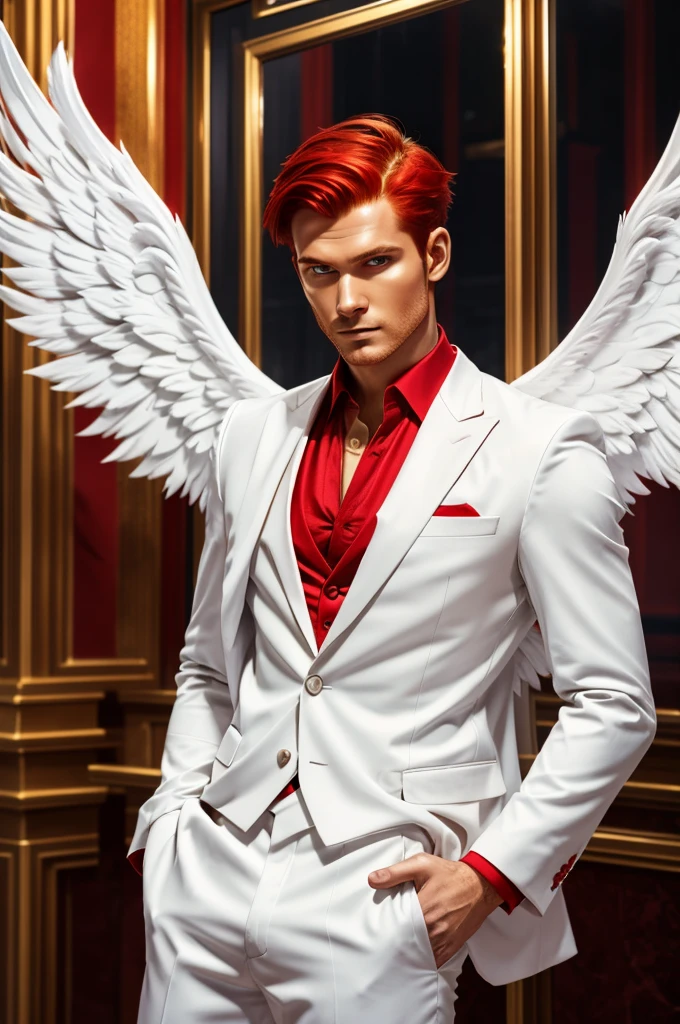 Hornless demon man, red skin, friendly and kind face (semi square) square eyes, wearing an elegant white suit, red hair and golden eyes, with white angel wings