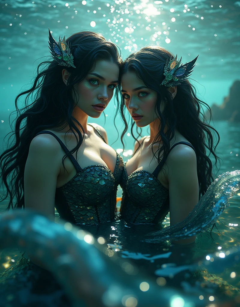 (masterpiece,Distinguished Quality,Mirror-like,Cinematic Experience,insanely detailed,absurdres),8k,full image shot),(2 females), (Sirens, wishously eating raw haddoc:2:0 with their sharp, siren teeth:2.0), the shimmering, iridescent depths of an enchanted ocean, (Iridescent particles:2.0),(nudes:1.3) mesmerizing sirens, (Functional),(Voluptuous),(front:2.0),(Black, wet, long lushious hair) 1 siren has direct gaze at the camera),(shimmering metallic scaled tales:2.0), (big breasts), nipples ,8k, slim waist, (black tale:2.0), luminous, pearlescent skin glistening with dew, long, flowing hair a wild tangle of seaweed and gemstones, (Black outfit)as their piercing, aquamarine eyes gleam with an otherworldly allure, shimmering, crystalline tail glimmers with a soft, ethereal light, beckoning sailors to their doom with a haunting, melodic song that echoes through the mystical, moonlit waves, Imagine the captivating, underwater scene:1.6!