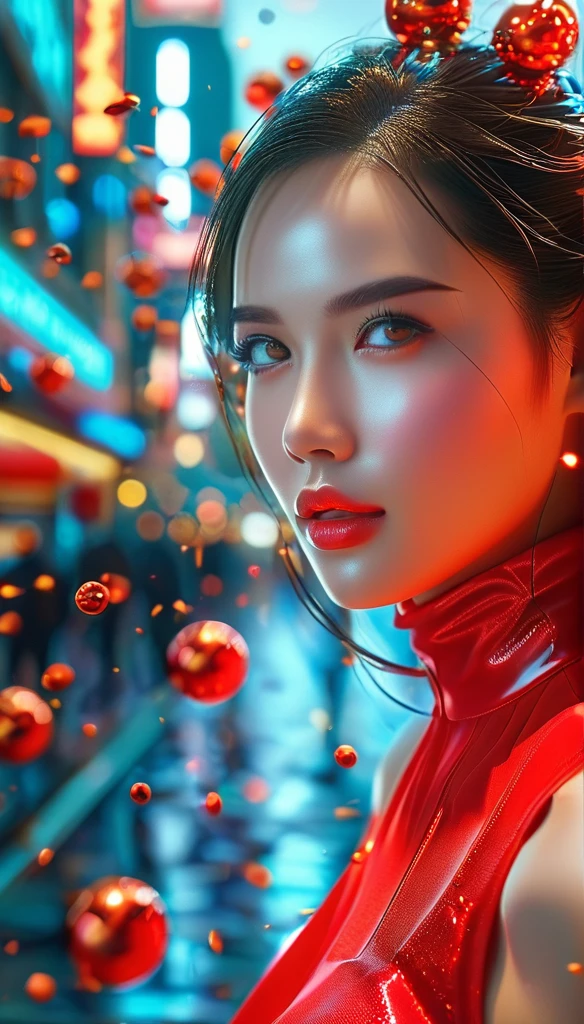 Hyper realistic dynamic vision, sharp clean image and UHD 16K} Joy Dosch , olhando para cima 