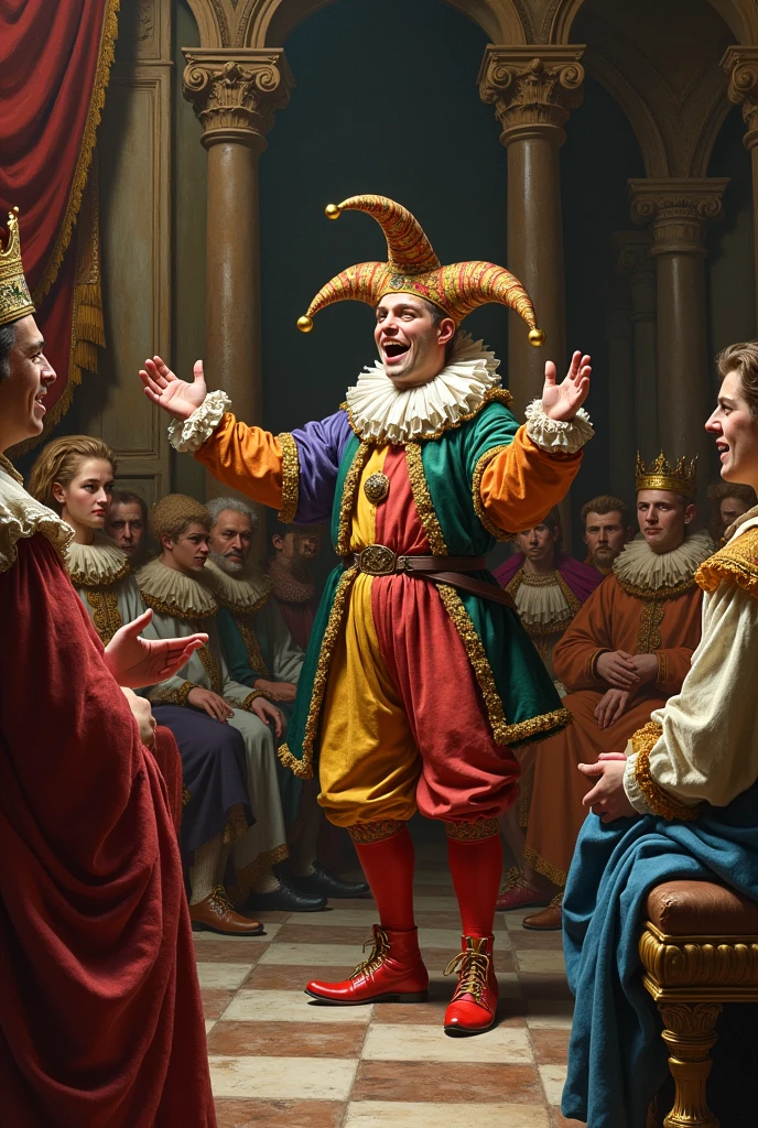 Court jester speaking to king and subjects listening 