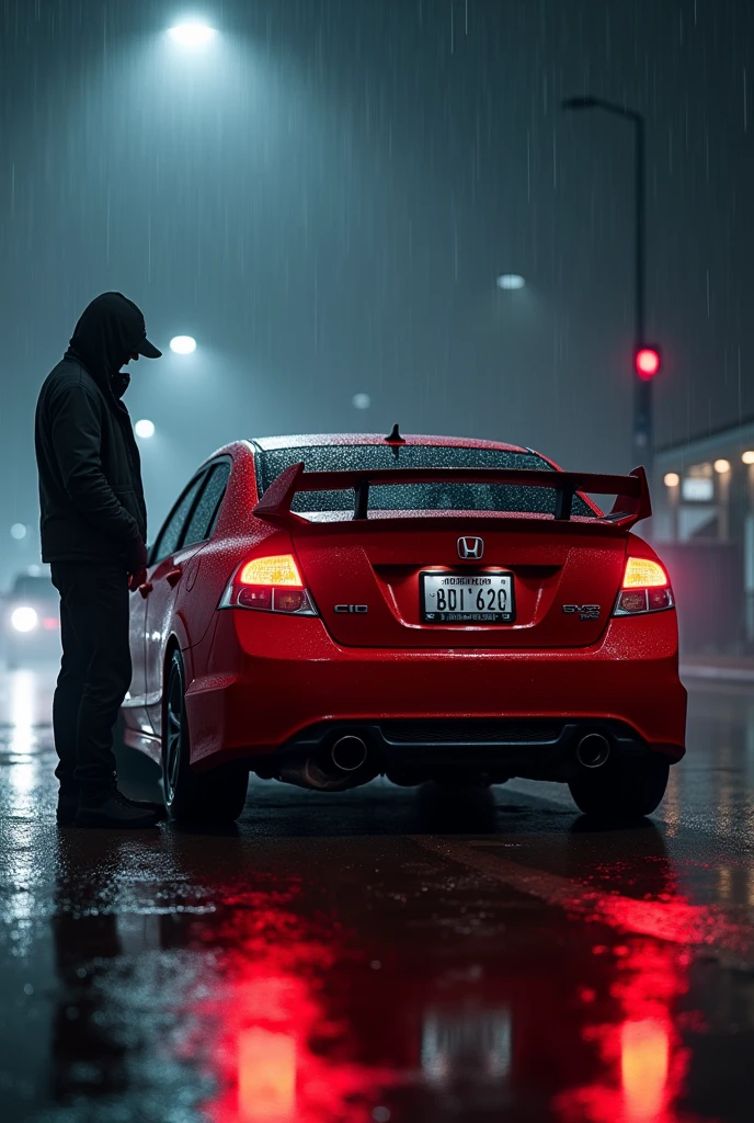 A red 2008 Civic Si with spoiler on a rainy night touching a man next to the car