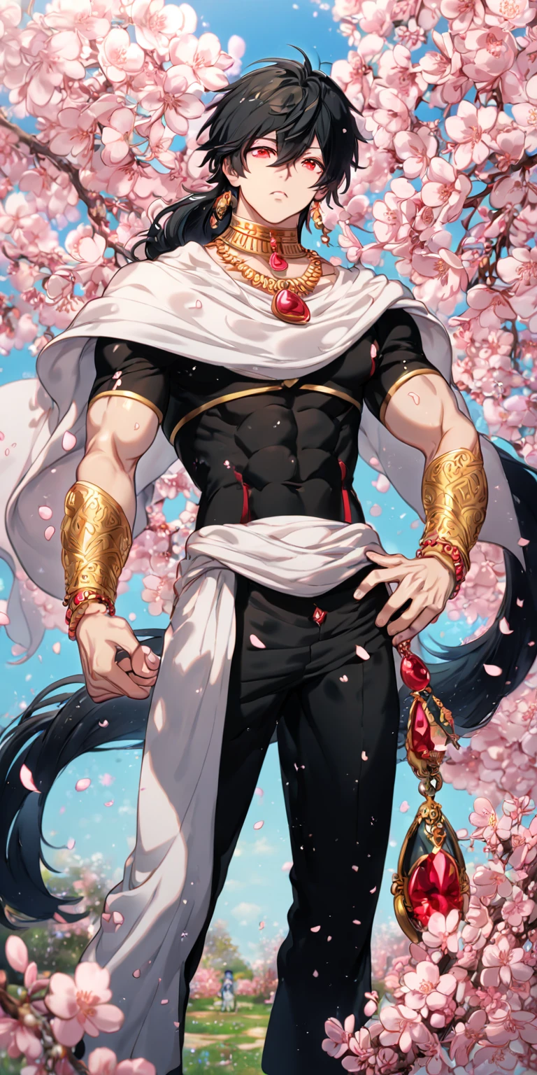 ung man posing, gorgeous, muscular, black-eyed, shirtless, dark hair short cut style undercut disconnected, on a white background, black crown on his head, pink details